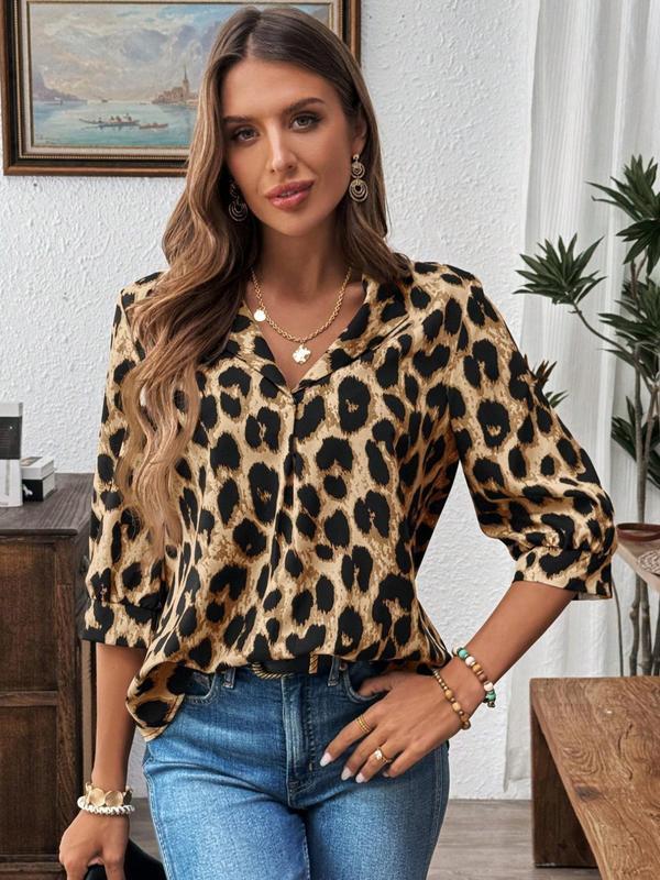 Women's Leopard Print Lapel Neck Blouse, Casual 3 4 Sleeve Top for Business Office Work, Ladies Clothes for All Seasons