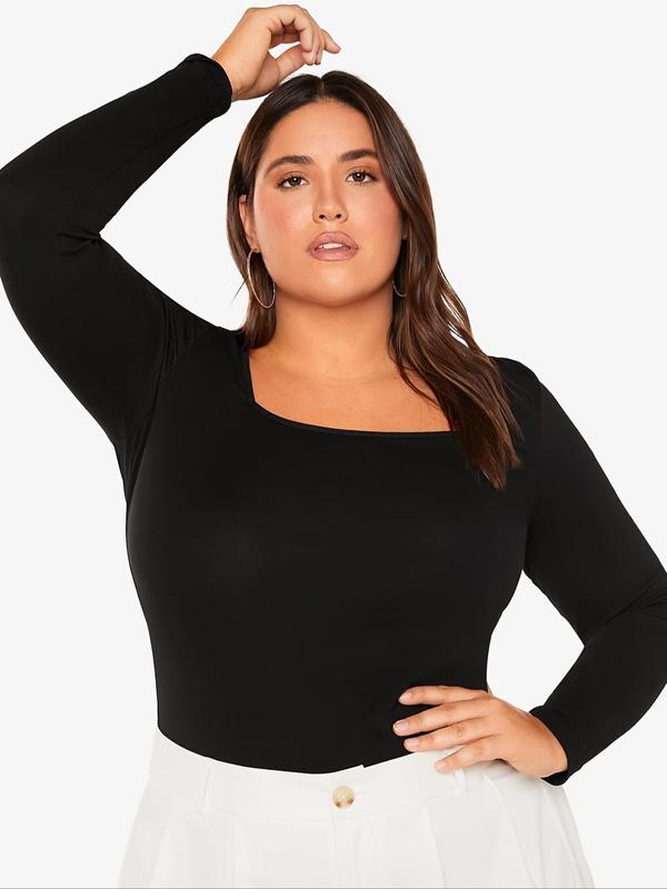 Plus Solid Long Sleeve Square Neck Tee, T Shirts for Women, Casual Comfy T-shirt for Spring & Fall, Women's Plus Size Clothes for Daily Wear, Trendy Casual Outfits 2024