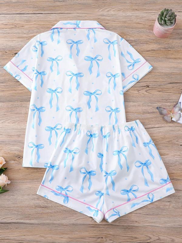 Women's All Over Bow Print Contrast Binding Lapel Shirt & Elastic Waist Shorts Pyjama, Casual Comfy Short Sleeve Pocket Top & Shorts PJ Set, Ladies Sleepwear for All Seasons