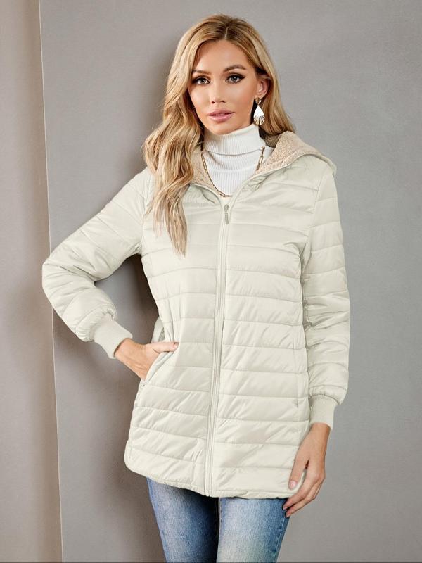 Women's Solid Color Pocket Zip Up Hooded Winter  Coat, Casual Long Sleeve Thermal Lined Outerwear for Fall & Winter, Women's Clothing for Daily Wear