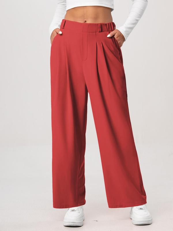 Women's Plain Ruched Pocket Elastic Waist Wide Leg Pants, Casual Comfy Trousers for Daily Wear, Ladies Bottoms for All Seasons