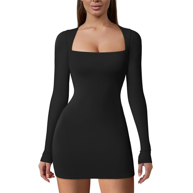 HYZ Women's Sexy Bodycon Long Sleeve Square Neck Birthday Party Stretchy Mini Dress