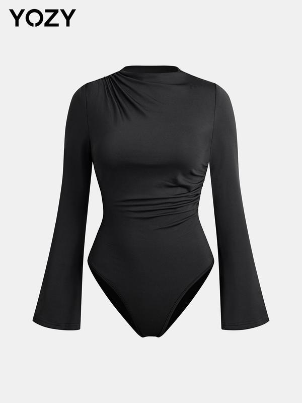 YOZY Women's Plain Ruched Flounce Sleeve Mock Neck Bodysuit, Casual Long Sleeve Bodysuit for Spring & Fall, Bodysuits for Women, Women's Clothes for Daily Wear