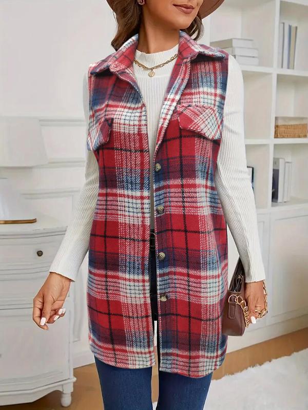 Women's Plaid Print Button Front Pocket Vest Coat, Casual Longline Sleeveless Outerwear for Fall & Winter, Ladies Clothes for Daily Wear