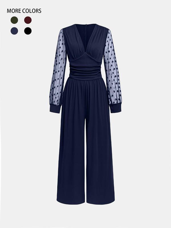 Women's Polka Dot Patchwork Print Contrast Lace Ruched Wide Leg Jumpsuit, Elegant Long Sleeve V Neck Jumpsuit for Party Holiday, Ladies Clothes for All Seasons