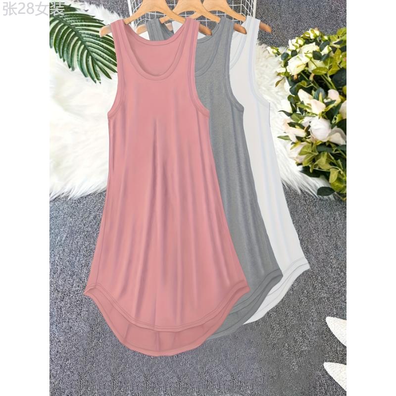 3 Pack Plus Size Basic Lounge Dress Set, Women's Plus Solid Round Neck Plain Tank Sleep Dress 3 Piece Set Fabric Polyester