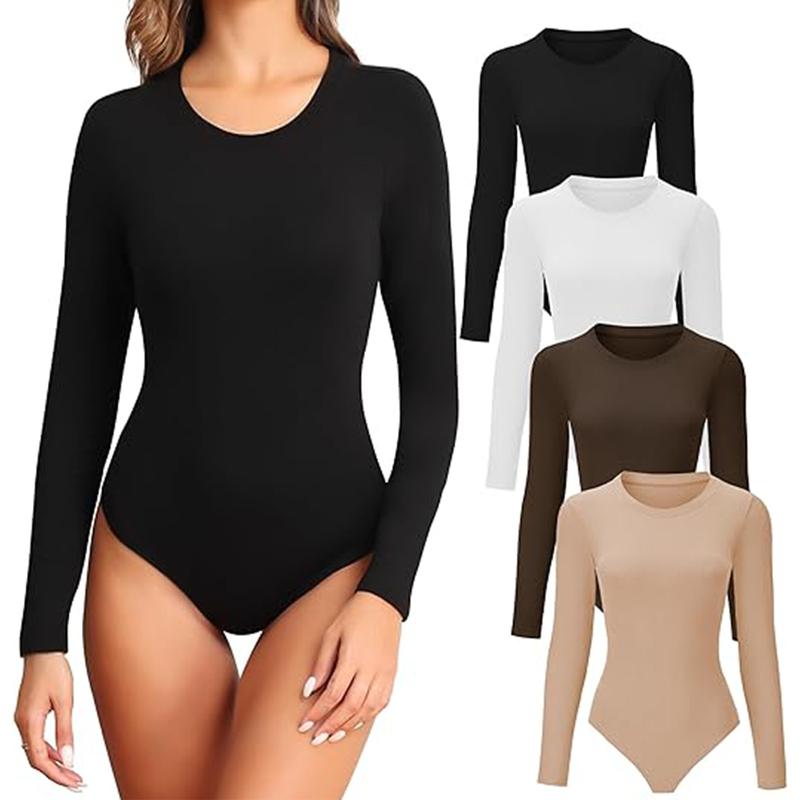 OLENNZ 4 Pack Long Sleeve Bodysuit for Women Round Neck Casual Basic Stretchy Body Suits Tops Breathable Comfort