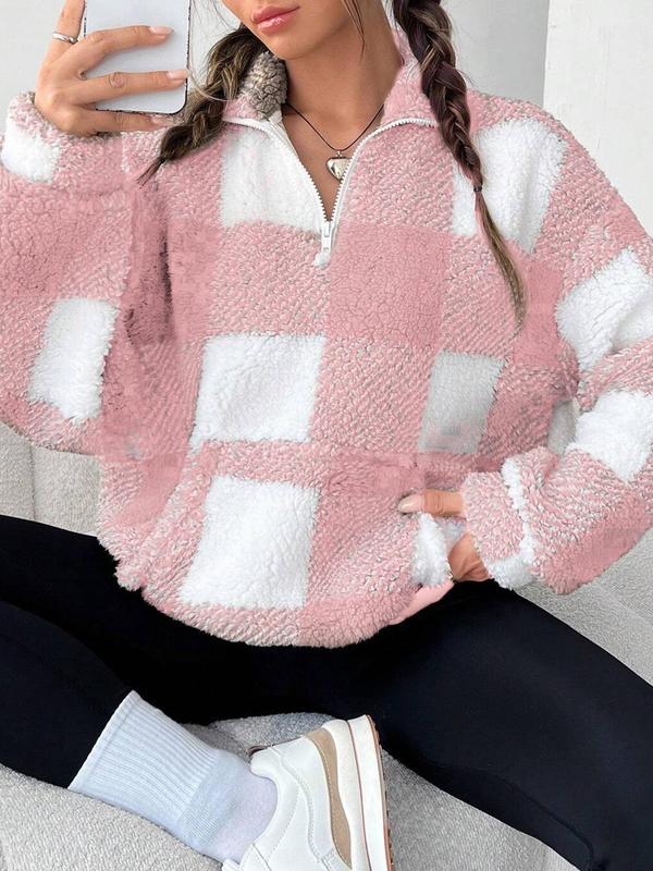 Women's Plaid Print Half Zip Drop Shoulder Fleece Sweatshirt, Casual Long Sleeve Stand Collar Pullover for Spring & Fall, Ladies Clothes for Daily Wear