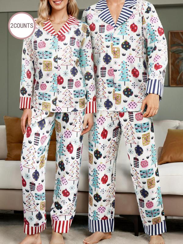 Couple's Christmas Print Button Front Shirt & Elastic Waist Pants Two-piece Set, Casual Comfy Long Sleeve Top & Trousers PJ Set, Couple's Sleepwear for Spring & Fall, Boyfriend Gifts