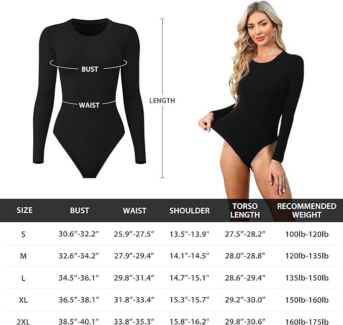 OLENNZ 4 Pack Long Sleeve Bodysuit for Women Round Neck Casual Basic Stretchy Body Suits Tops Breathable Comfort