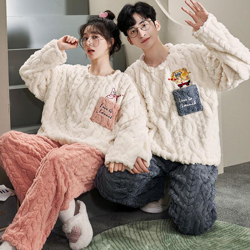 Couple's Blue Velvet Pajamas Winter Thickening Cartoon Men's and Women's Warm and Cute Coral Velvet Home Wear Autumn