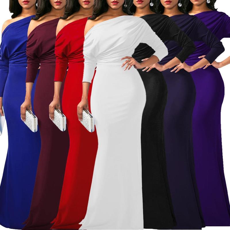 Elegant Off-Shoulder Evening Gown - Available in Black, White, Red, Blue, Wine Red, and Purple | Long Sleeve and Short Sleeve Options Comfort Formal