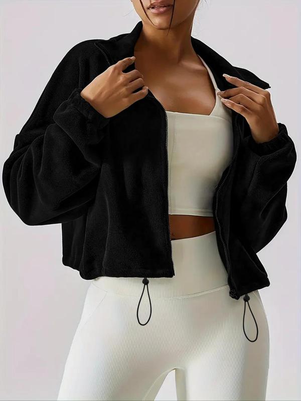 Women's Solid Drawstring Zip Up Crop Hooded Jacket, Casual Long Sleeve Mock Neck Fuzzy Outerwear for Spring & Fall, Ladies Clothes for Daily Wear