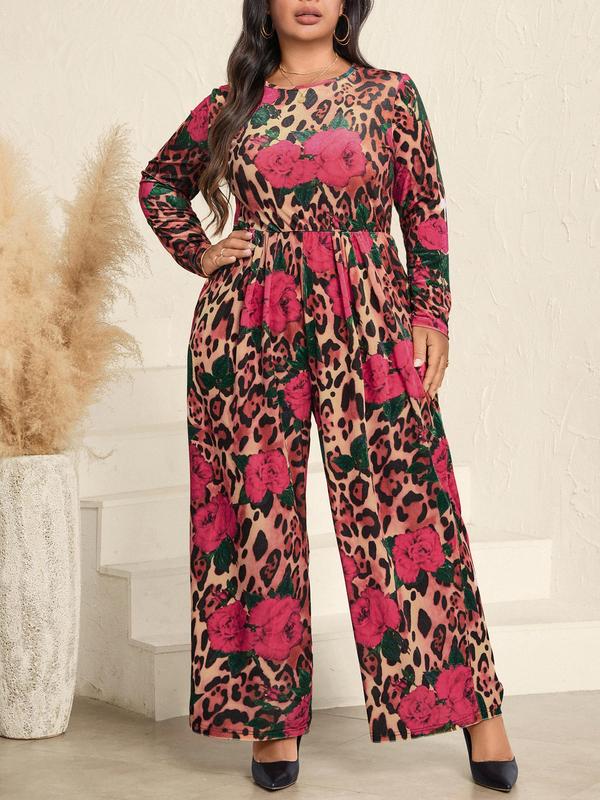 CURVZY Plus Size Floral & Leopard Print Pocket Wide Leg Jumpsuit, Elegant Long Sleeve Round Neck Velvet Jumpsuit for Fall & Winter, Women's Clothes for Daily Wear