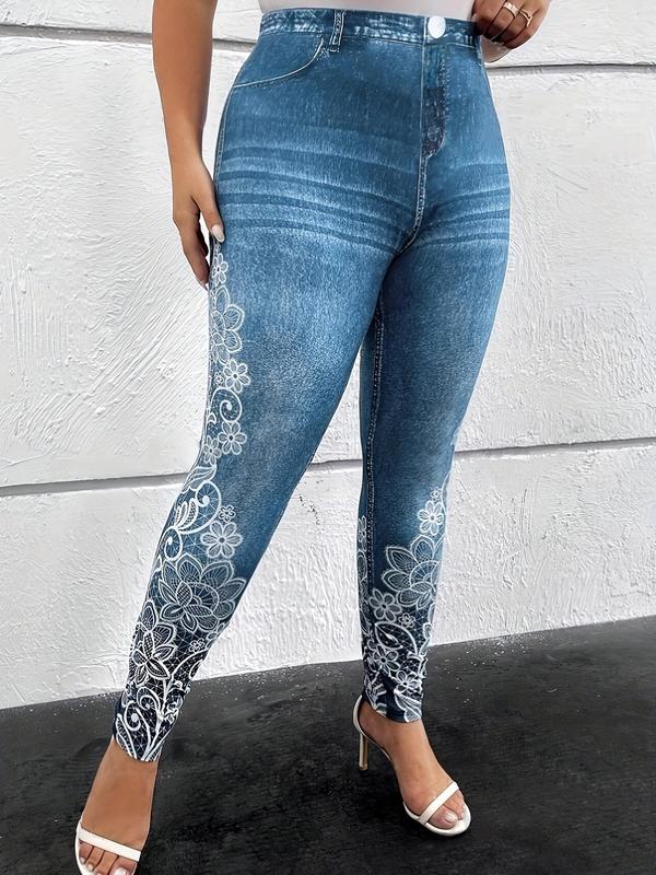  Denim-Effect Print High Waist Leggings, Casual Comfy Floral Print Leggings for Daily Wear, Women's Bottoms for Fall & Winter, Fall Outfits, Fallfreshness