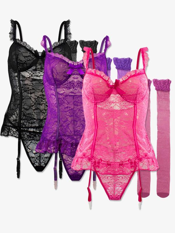 Women's Floral Lace Sheer Sexy Lingerie Set, Bow Decor Cut Out Ruffle Hem Spaghetti Strap Lingerie Top & Thong & Stockings Set, Women's Romantic Nightwear for All Seasons