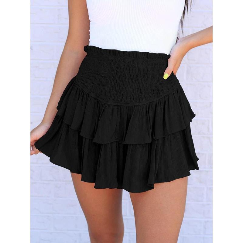 Women's High Waist Ruffle Flowy Mini Skirts Stretchy Waist Solid Lined Pleated Casual Beach Short Skirt