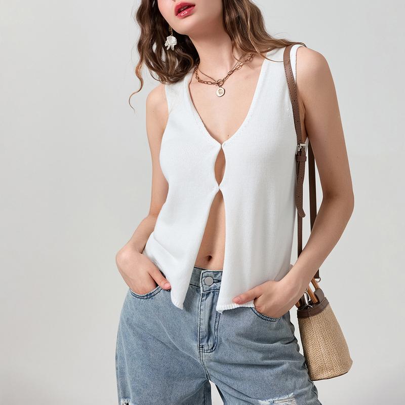 Women´s Vest Simple Solid Color Sleeveless V-Neck Knitted Design Streetwear Breathable Tops Fashion Womenswear Lady Comfort Check Light