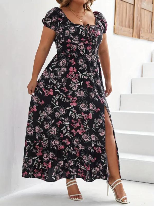  Floral Print Split Thigh Tie Front Vintage Dress, Boho Puff Sleeve Square Neck A Line Dress for Summer, Women's Clothes for Beach Holiday Vacation, Plus Size Fall Clothing