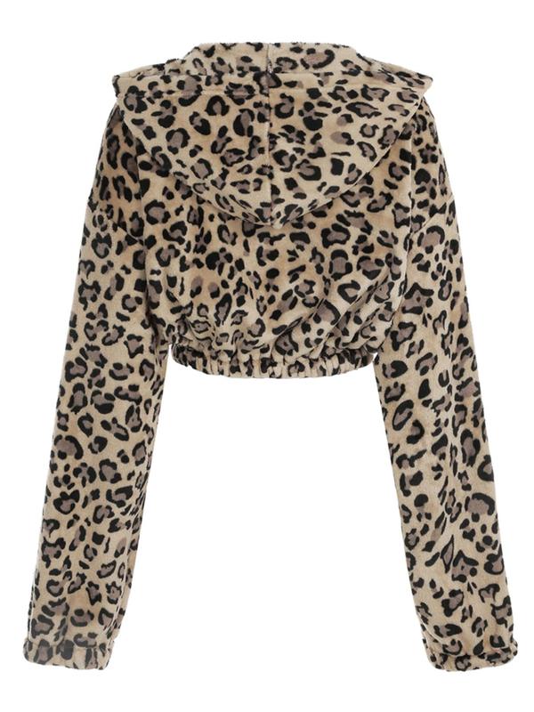 Women's All Over Leopard Print Zip Up Crop Fuzzy Jacket, Casual Long Sleeve Zip Front Outerwear for Fall & Winter,  Winter Clothes Women, Women's Clothes for Daily Wear