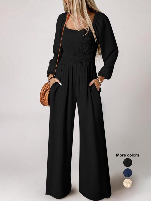 Women's Solid Shirred Pocket Jumpsuit, Elegant Bishop Sleeve Square Neck Jumpsuit for Fall & Winter, Fall Clothing, Women's Clothes for Daily Wear