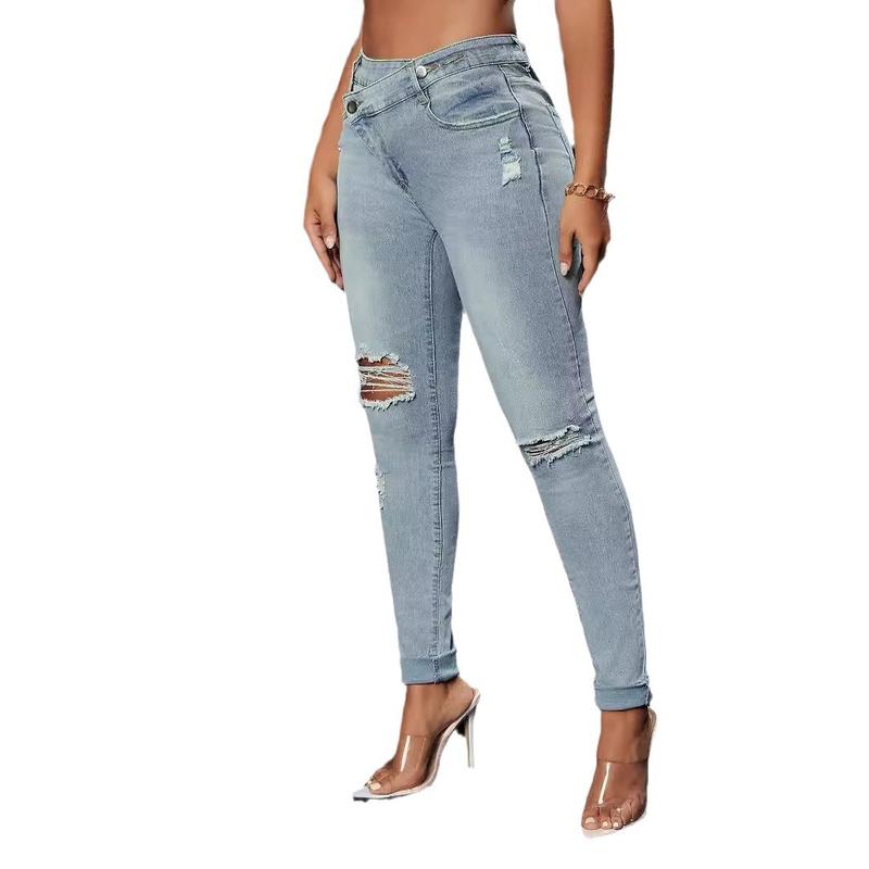 Broken Hole Washed Jeans Women's Slim Small Feet Design Models Pants Fashionnova Jeans 7sjeans Align Tank Denim  isabella  ladera   nice  jeans Denim jeans  pants