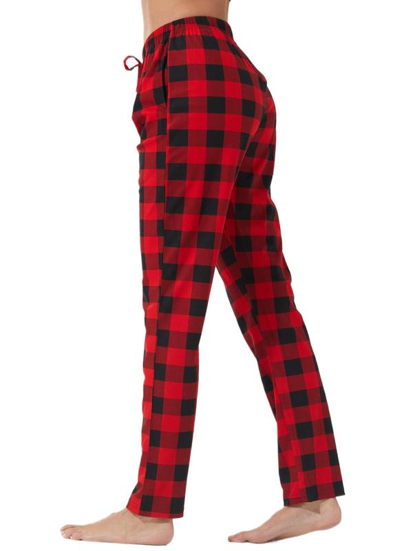 Women's Plaid Print Tie Front Elastic Waist Lounge Pants, Casual Comfy Pocket Trousers for Daily Wear, Ladies Sleepwear for All Seasons