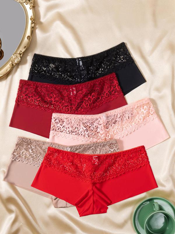 Women's 5pcs Solid Contrast Lace High Waist Seamless Knicker, Soft Comfy Breathable Panty for Daily Wear,  Underwear for Women, Underwear for All Seasons