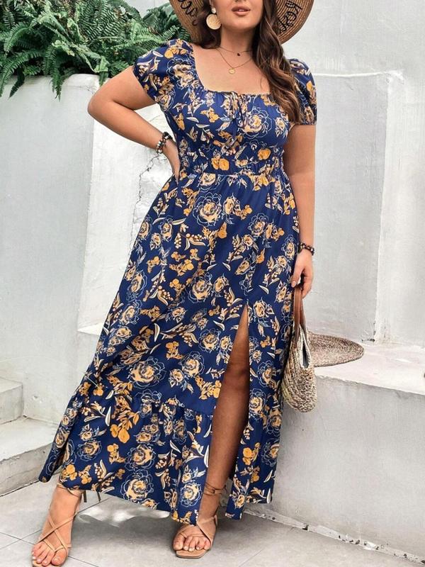  Floral Print Split Thigh Tie Front Vintage Dress, Boho Puff Sleeve Square Neck A Line Dress for Summer, Women's Clothes for Beach Holiday Vacation, Plus Size Fall Clothing