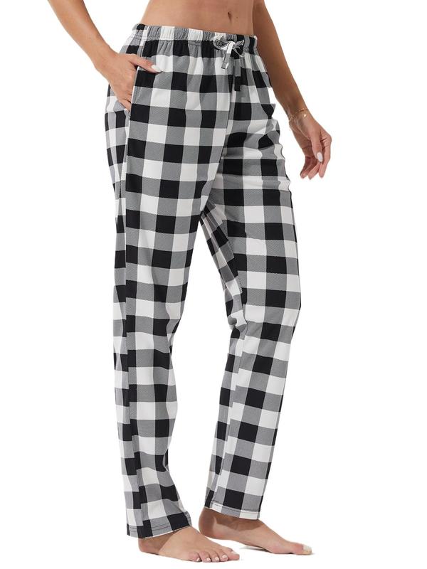 Women's Plaid Print Tie Front Elastic Waist Lounge Pants, Casual Comfy Pocket Trousers for Daily Wear, Ladies Sleepwear for All Seasons