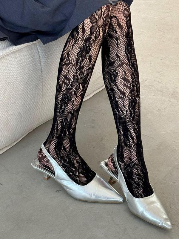 Women's Contrast Lace Sheer Tights, Elegant Comfy Breathable Hollow Out Pantyhose for Daily Wear, Ladies Tights for All Seasons