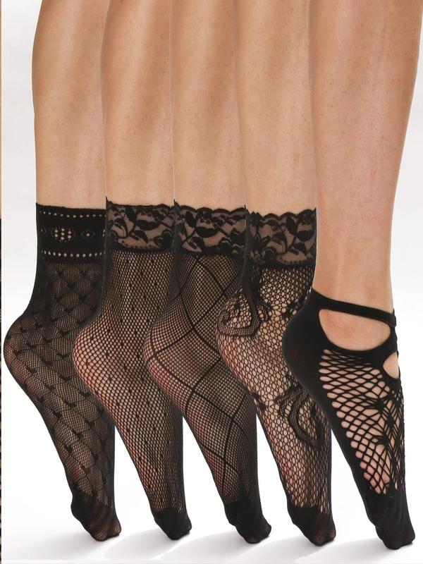 Women's 5 Pairs Hollow Out Contrast Lace Socks, Fishnet Ankle Socks, Dress Socks for Women, Mesh Socks for Cosplay Summer Wear, Women's Socks & Hosiery