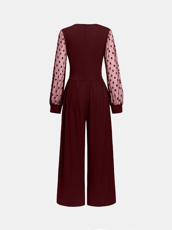 Women's Polka Dot Patchwork Print Contrast Lace Ruched Wide Leg Jumpsuit, Elegant Long Sleeve V Neck Jumpsuit for Party Holiday, Ladies Clothes for All Seasons