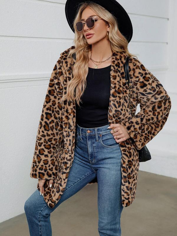 Women's Leopard Print Long Sleeve Hooded Fuzzy Plush Coat, Casual Open Front Longline Outerwear for Fall & Winter, Ladies Clothes for Daily Wear