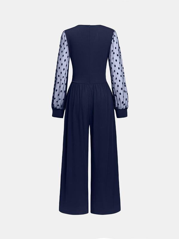 Women's Polka Dot Patchwork Print Contrast Lace Ruched Wide Leg Jumpsuit, Elegant Long Sleeve V Neck Jumpsuit for Party Holiday, Ladies Clothes for All Seasons