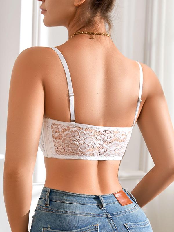 Women's Solid Color Floral Lace Backless Bralette, Adjustable Strap Wireless Side Buckle Half Cup Bra, Soft Comfortable Breathable Lingerie for Daily Wear