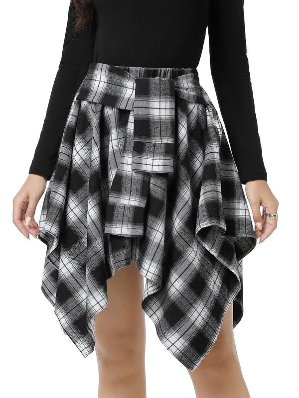 Women's Fashion Multicolor Plaid Print Asymmetrical Hem High Waist Skirt, Casual Comfort Elastic Waist Tiered Layer Knee Length Skirt for Summer Going Out Streetwear, Galentine's Ideas Gift, Womenswear Bottom, Fall Outfit Utah Girl Fits, Fall Outfits