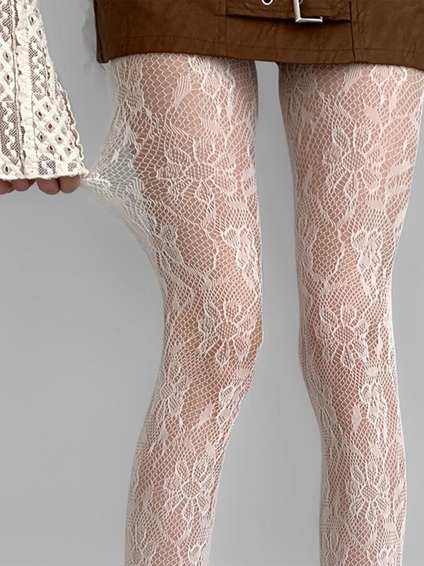 Women's Contrast Lace Sheer Tights, Elegant Comfy Breathable Hollow Out Pantyhose for Daily Wear, Ladies Tights for All Seasons