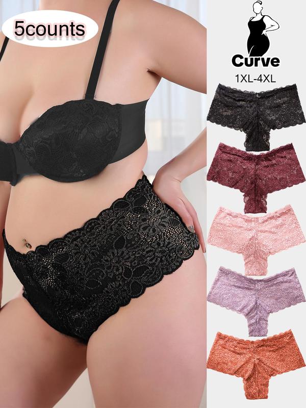  Solid Color Floral Lace Thong, Soft Comfy Breathable High Waist Knicker for Daily Wear, Women's Underwear for All Seasons