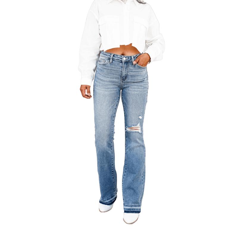 Judy Blue Mid Rise Medium Wash Distressed Released Hem Bootcut Jeans