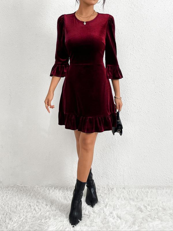 Women's Velvet Flounce Sleeve Dress, Elegant Round Neck Short Dress for Party Holiday Wedding Guest, Ladies Fall Clothes