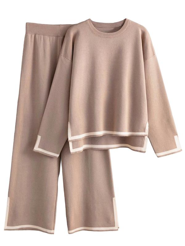 Women's Contrast Binding Drop Shoulder Top & Wide Leg Pants Loungewear Two-piece Set, Casual Comfy Long Sleeve Top & Trousers Pj Set,  Pajama Sets Women, Ladies Sleepwear for Spring & Fall