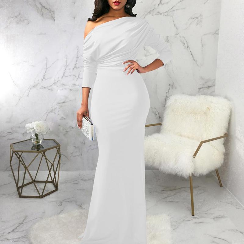 Elegant Off-Shoulder Evening Gown - Available in Black, White, Red, Blue, Wine Red, and Purple | Long Sleeve and Short Sleeve Options Comfort Formal