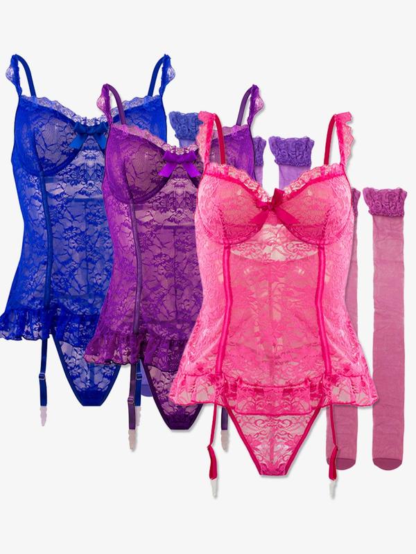 Women's Floral Lace Sheer Sexy Lingerie Set, Bow Decor Cut Out Ruffle Hem Spaghetti Strap Lingerie Top & Thong & Stockings Set, Women's Romantic Nightwear for All Seasons