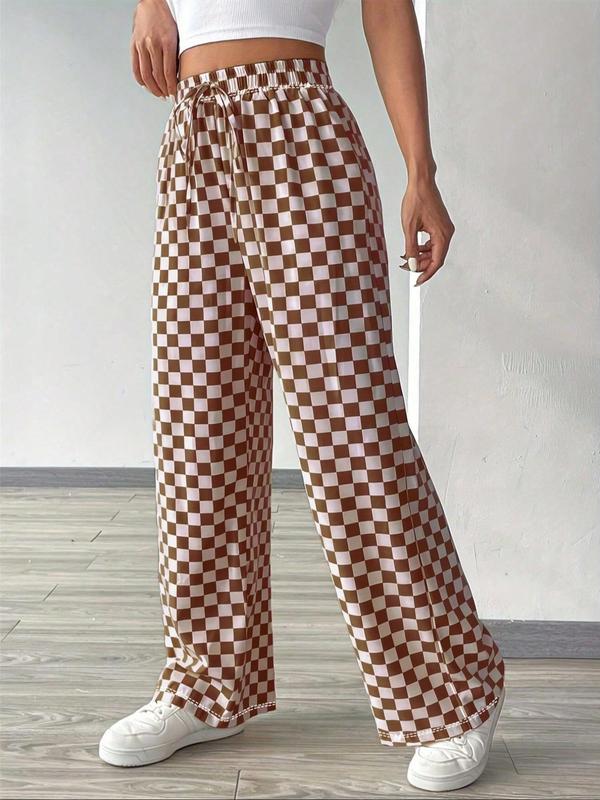 Women's Plaid Print Drawstring Waist Straight Leg Pants, Casual Pocket Trousers for Daily Wear, Ladies Bottoms for All Seasons