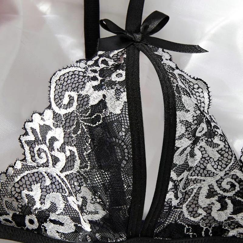 Women's 2pcs Bow Decor Sheer Floral Lace Lingerie Set, Elegant Adjustable Strap Bra & Crotchless Thong Underwear Set, Soft Comfy Sexy Lingerie  Comfortable Medium Original Warmer Spaghetti Strap Floral Lace Women's Silk romantic underwear floral lace