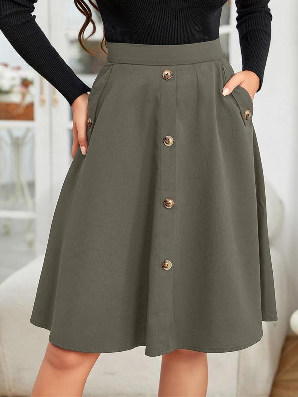 Women's Plain Fake Buttons Pocket High Waist A Line Skirt, Summer Clothes Women, Casual Knee Length Skirt for Office Work Daily Wear, Ladies Summer Clothes