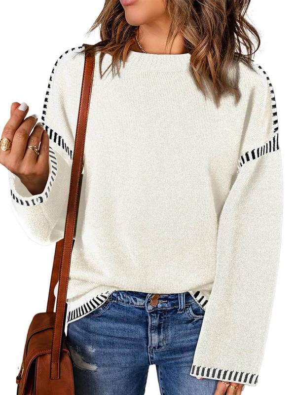 Women's Contrast Binding Drop Shoulder Sweater, Casual Long Sleeve Round Neck Jumper for Fall & Winter, Fashion Ladies' Knitwear for Daily Wear