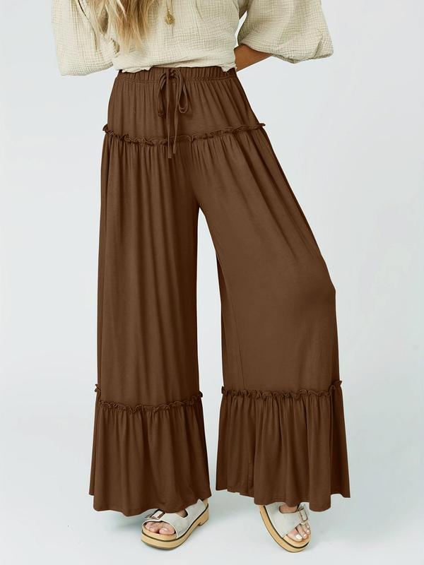 Women's Plain Frill Trim Drawstring Waist Wide Leg Pants, Casual Ruffle Bell Bottom Trousers for Spring & Fall, Women's Bottoms for Daily Wear