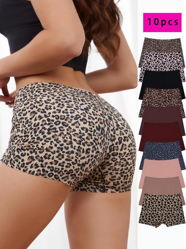 Women's Leopard Print Seamless Boyshorts, Casual Solid Color Natural Waist Panties for Women, Comfy Breathable Underwear for Women, Panties for Women, Summer Wear 2024